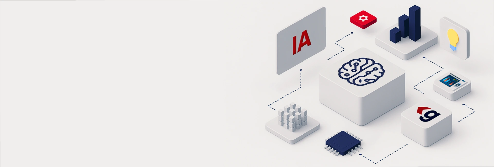 Ilustração de inteligência artificial com ícones de cérebro, gráfico, chip, lâmpada e dados interconectados