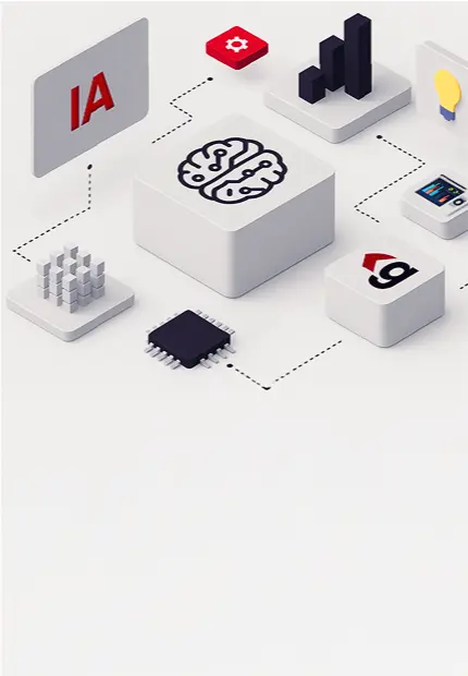 Ilustração de inteligência artificial com ícones de cérebro, gráfico, chip, lâmpada e dados interconectados